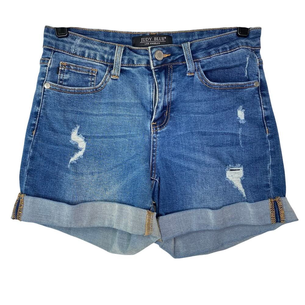 Judy Blue High Rise Distressed Folded Hem Stretch Denim Shorts Size 27